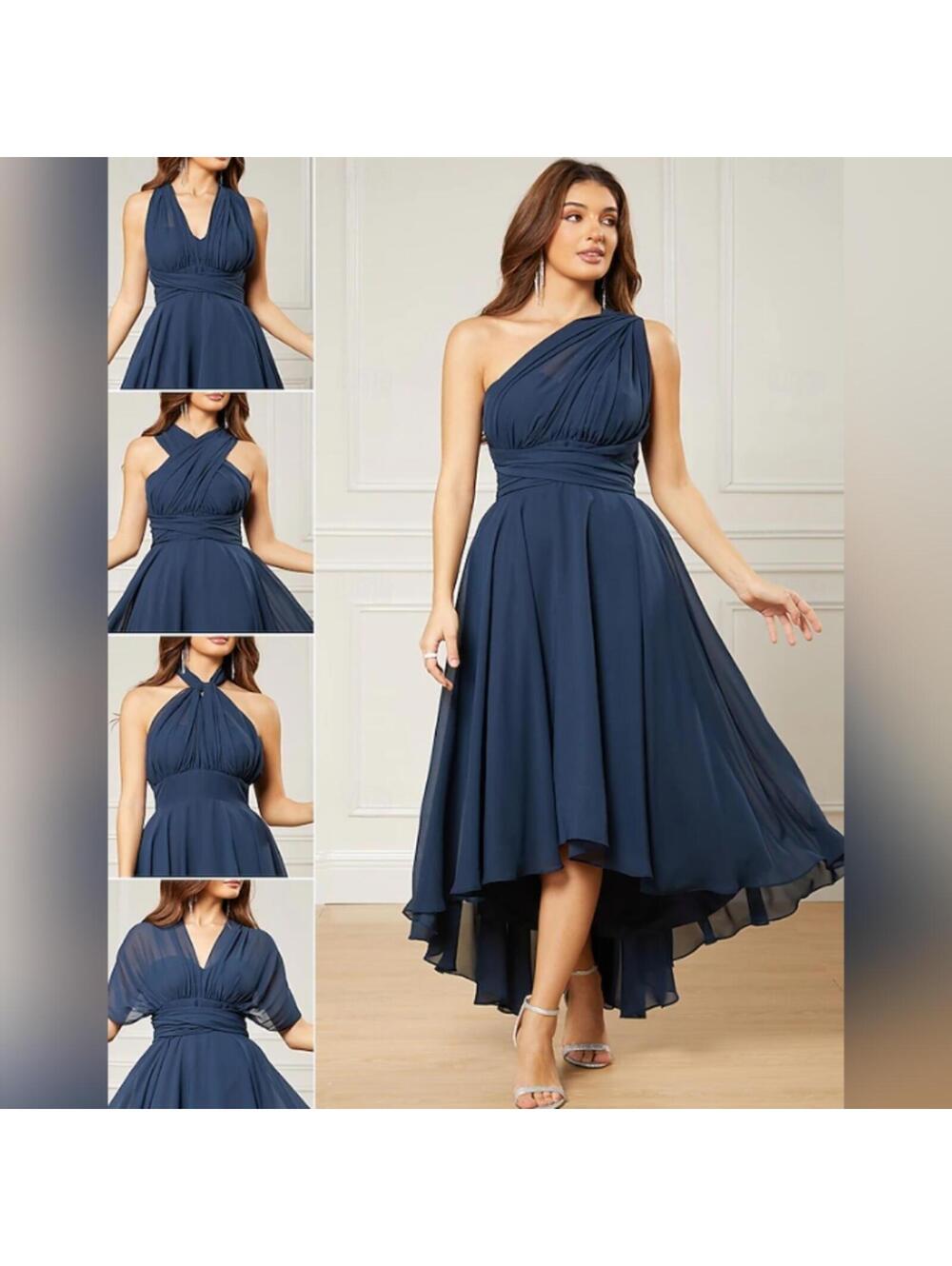 NWT Mu Xiang Chen Elegant Chiffon Tea Length Convertible Style Formal Dress, 10